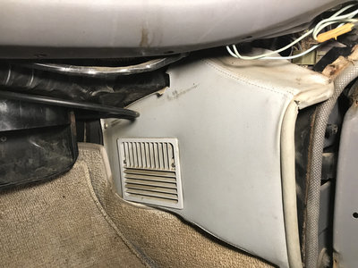 Here is the RH heat/ventilation duct, underneath the dash.  When the front doors are closed, heat (or fresh air) passes through the front door armrests and exits towards the rear passenger compartment.  This year Lincoln actually has (two) heater cores and fan/blowers, situated in the rear of the front fenders.